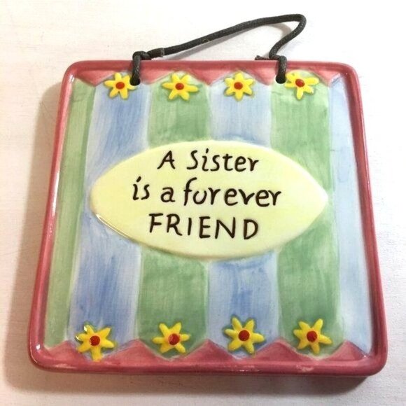 A Sister Is A Forever Friend" Plaque by Paula Leather Hanger Multicolored 5x5 - Picture 1 of 5